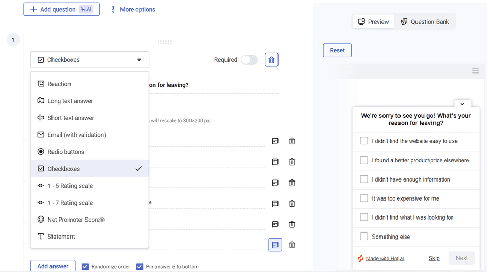 #A new Hotjar survey has two questions added by default that you can change during setup
