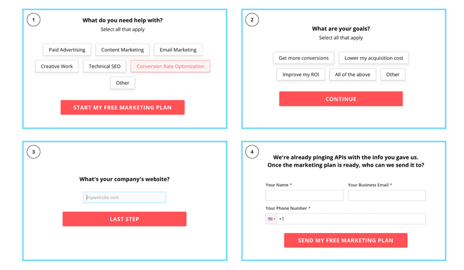 #KlientBoost’s multi-step form following the breadcrumb technique uses behavioral psychology to micro-convert prospects from one question to the next