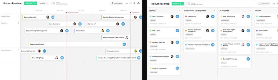 #Airfocus product roadmaps in timeline (left) and board (right) layouts
