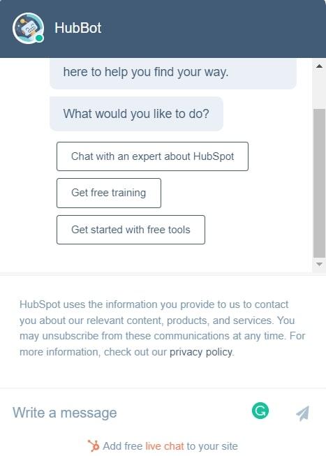 #As well as helping users self-serve, Hubspot’s website chatbot makes it clear how their information is useful for sales and marketing teams