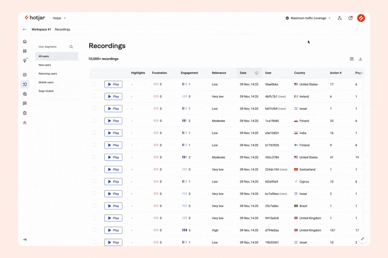 #Sorting recordings by frustration score on your Hotjar Recordings dashboard