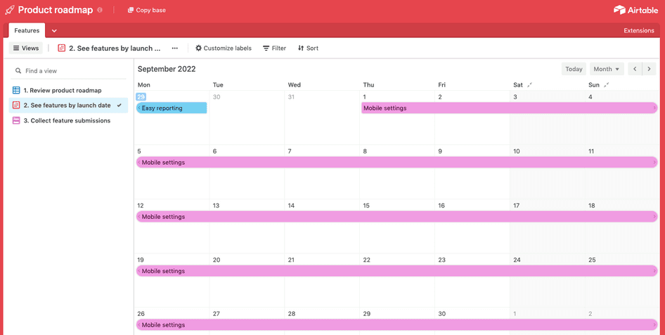 Airtable’s product roadmap template viewed as a calendar