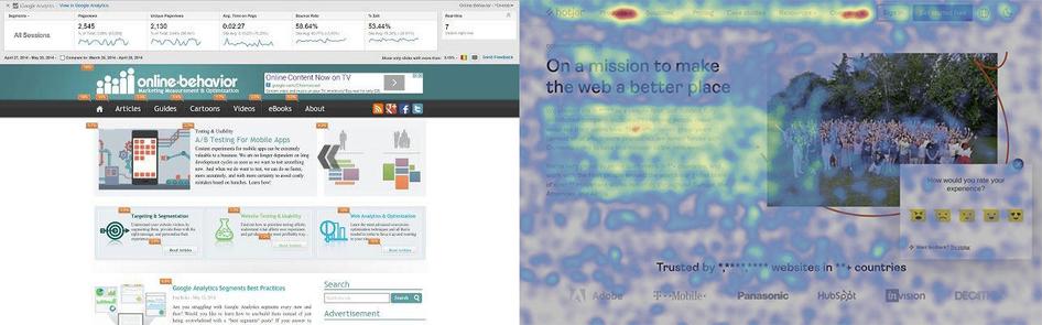 #La différence entre une heatmap Google Analytics sèche (à gauche) et une map de mouvement Hotjar colorée (à droite)