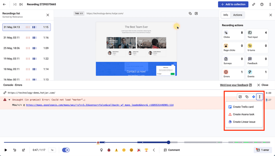 #Click to send JavaScript issues to Jira, Linear, Asana, or Trello from Hotjar Recordings