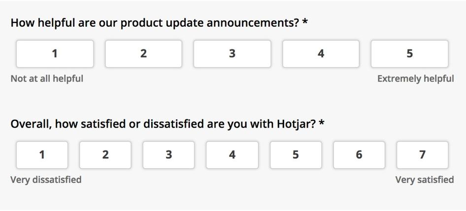 #A Hotjar survey that asks users to mark their responses on a likert scale