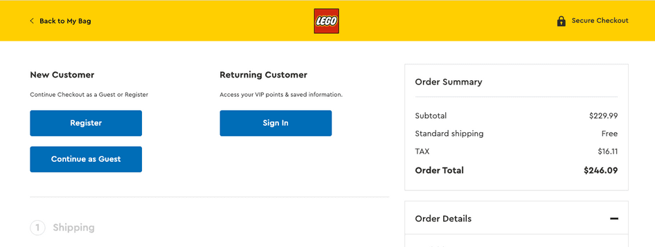 #Lego offers two checkout options for new customers: ‘Register’ and ‘Continue as Guest’, plus a ‘Sign In’ option for returning customers