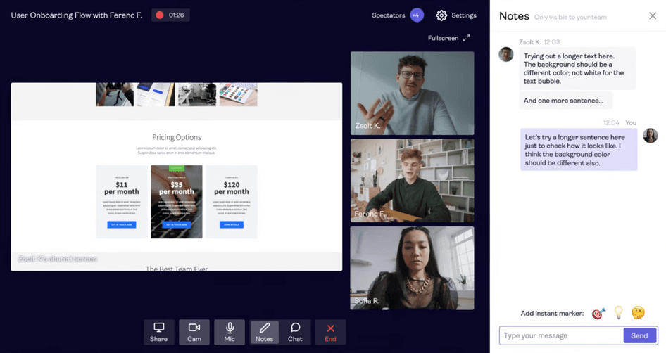 #A moderated user interview with screen sharing, spectators, and note-taking in Hotjar Engage
