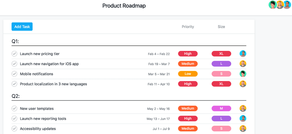 Asana’s product roadmap in task view