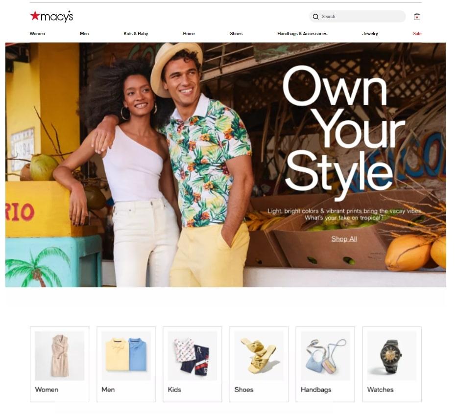 #Macy’s uses an e-commerce-standard grid showcasing product categories so users know what to expect 