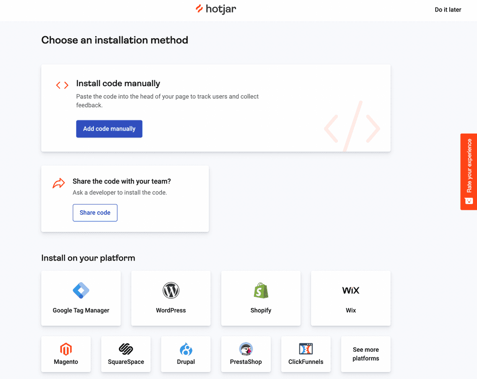 #Hotjar’s onboarding page for installing the code to your website