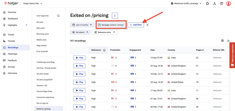 #Filtering Hotjar session recordings by pricing page exits to troubleshoot funnel drop-offs