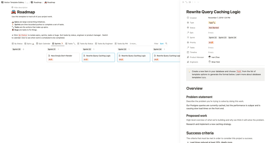 Feature details on Notion’s roadmap template