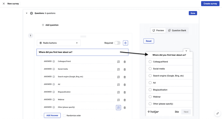 #Creating a ‘popover’ traffic attribution survey from the free template in Hotjar Surveys