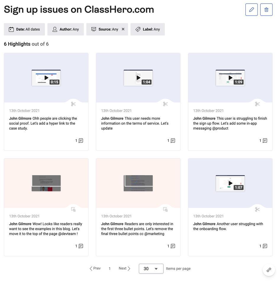 #ClassHero’s collection of sign-up issues in Hotjar Highlights