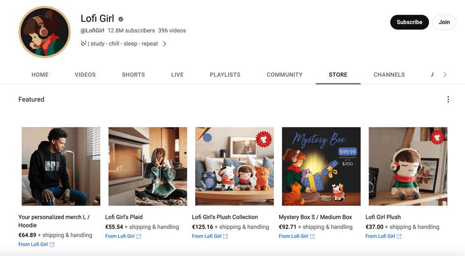 #The LoFi Girl YouTube store features branded clothing and plush toys that fans can purchase
