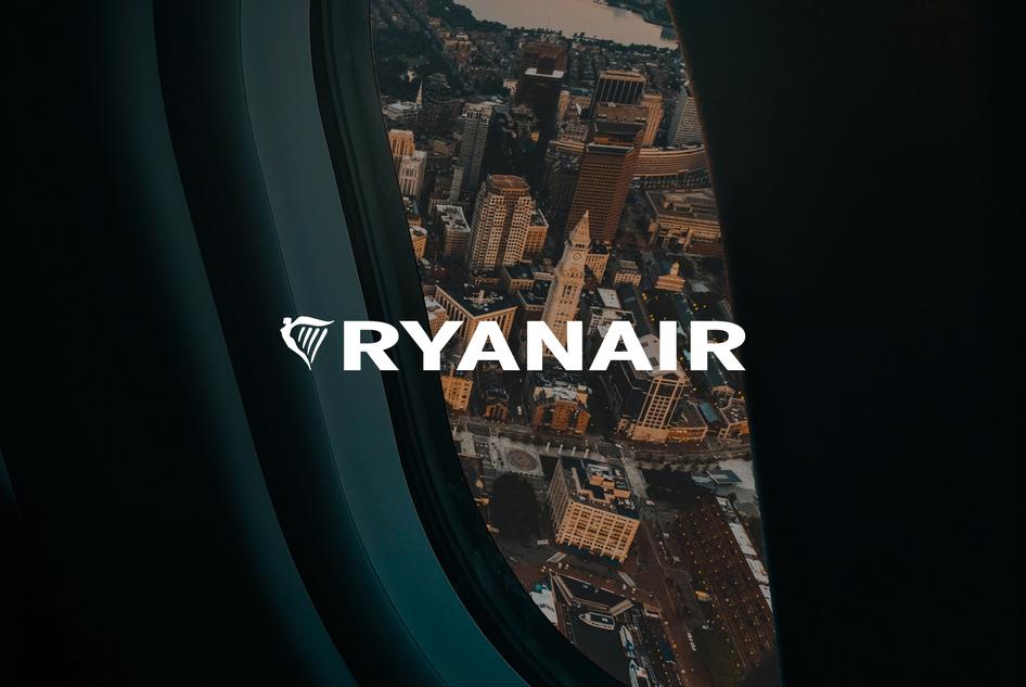 Window view from a plane with 'Ryanair' logo on top