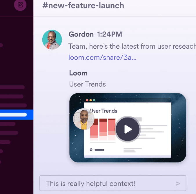 #Messaging app channel showing a Loom video shared in relation to a new feature launch