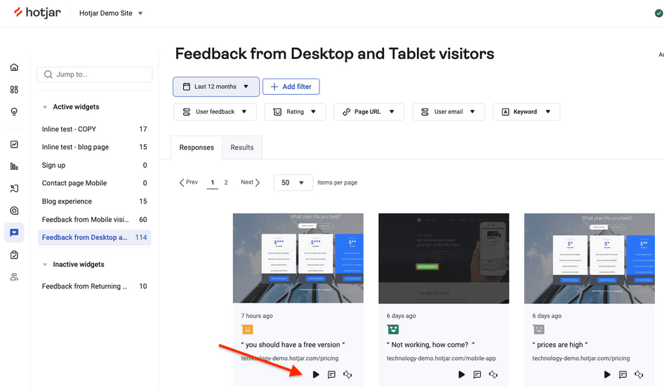 #Click the play button icon to view session recordings from feedback responses