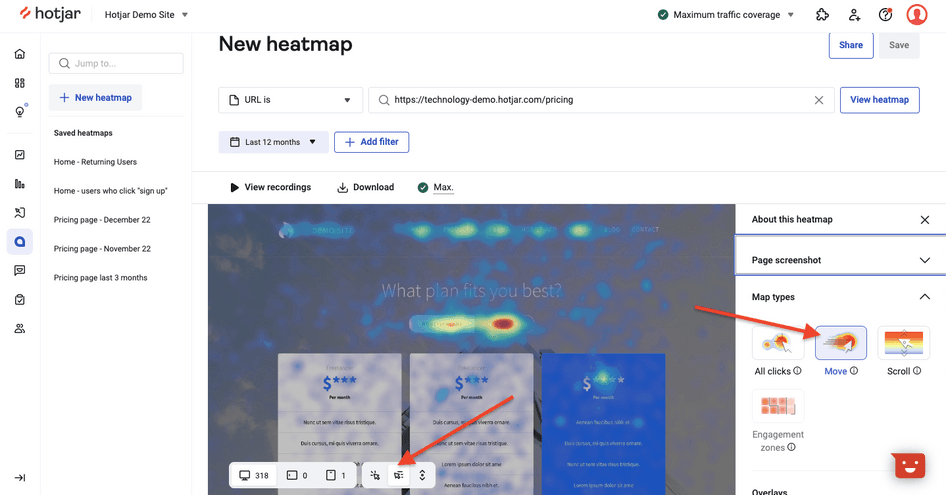 #Click to toggle between move maps and other heatmap types in Hotjar