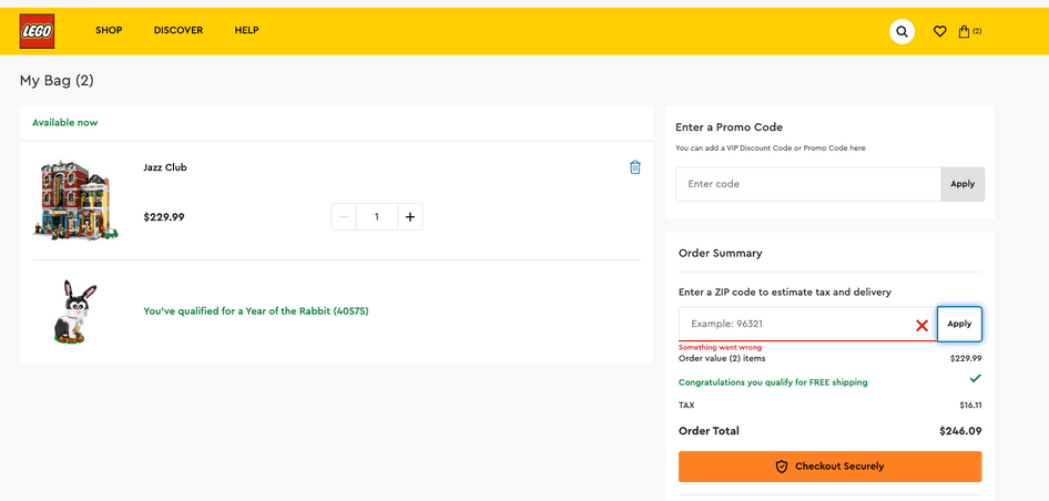 #Lego’s big orange ‘Checkout Securely’ button draws your attention, as does the red ‘Something went wrong’ message if you don’t add your ZIP code