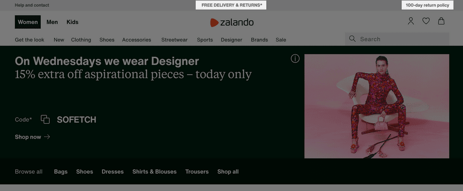 #Zalando’s homepage with delivery and returns policy