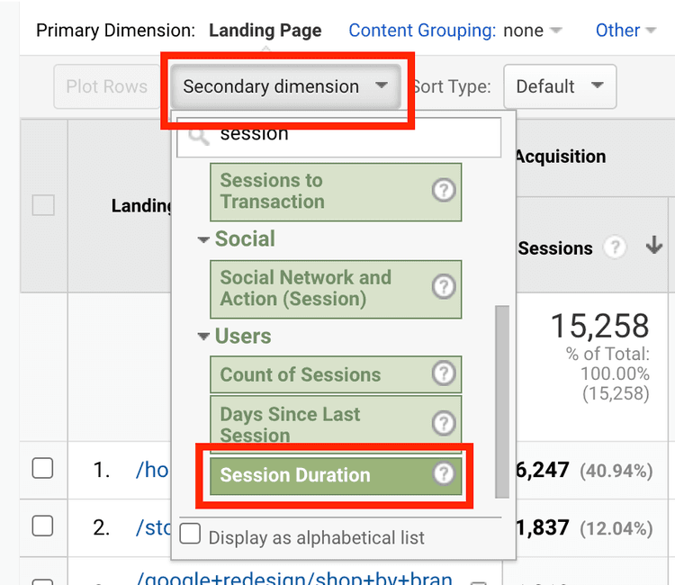 <#Session duration as a secondary dimension in the behavior > site content > landing pages report in google analytics
