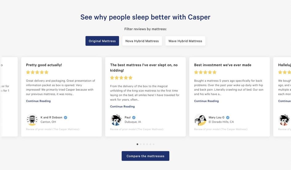 #Reviews or testimonials from satisfied clients increase credibility on the Casper website