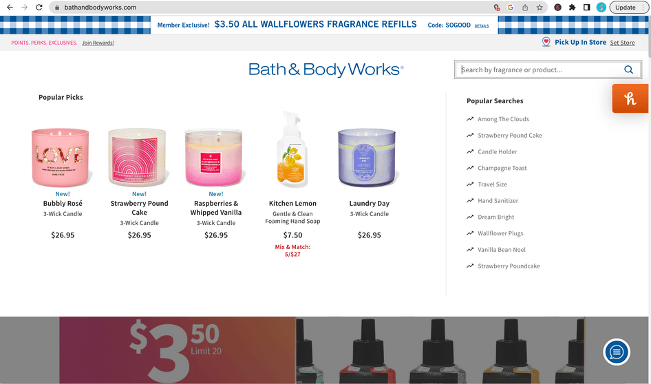 #On the Bath & Body Works site, a banner with popular items and commonly searched items drops down when a user accesses the search bar.