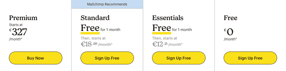 #Mailchimp's pricing page visually directs customers to their standard plan with a blue header