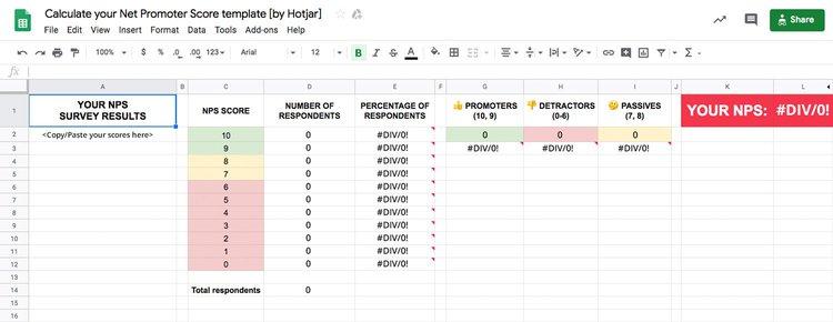 The NPS Excel calculation template: paste your NPS survey results into Column A